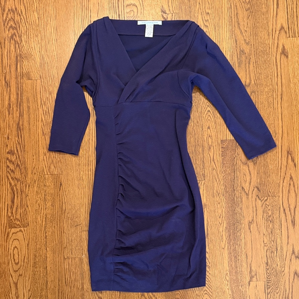 DVF Faux-Wrap Deep Purple Ruched Sheath Dress